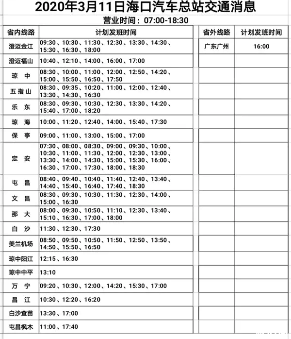 2020海南恢复客运汇总 海口汽车西站发班时间